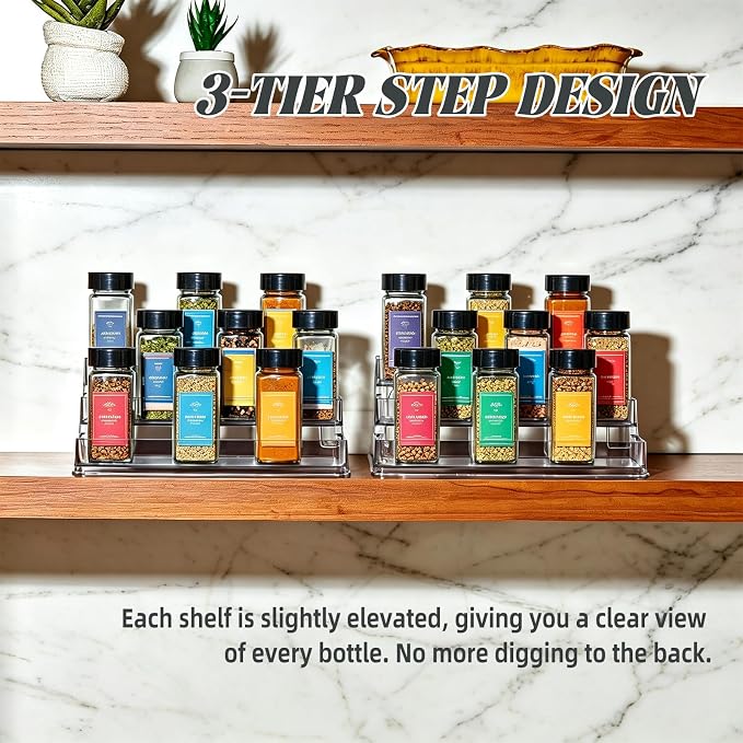 3-Tier Spice Rack 2-Pack, Clear PET Storage Set | No assembly required, fits kitchen, bathroom, pantry. Holds spices, vitamins, cosmetics. BPA-free, space-saving