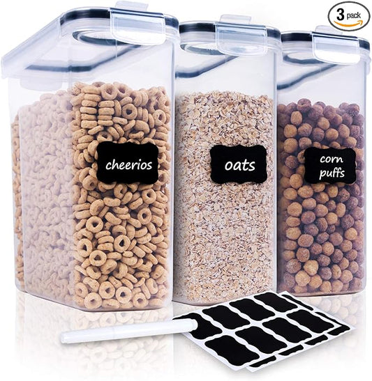 FOOYOO Cereal Containers Storage Set - 3 Piece Airtight Large Dry Cereal Container (135.2oz), BPA Free Dispenser Plastic Cereal Storage Containers with 16 Labels & Pen