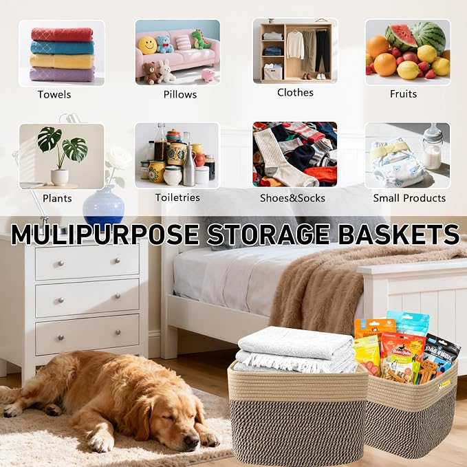 3 Pack Woven Baskets,Storage Baskets for Shelves with Handles | 13.5"×11"×9.5", Closet Baskets, Nursery Organizer for Toys Towels Books, Storage Bin for Living Room Bedroom (Jute & Black)