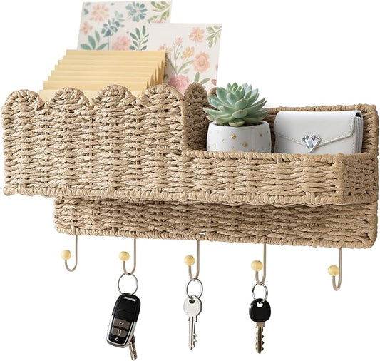 AELS Scalloped Woven Wall Mount Key Holder with 5 Hooks, Decorative Paperstraw Mail Organizer for Entryway, Wave Design Ratten Key Rack, Entryway Organizer, Living Room & Hallway Decor, Natural