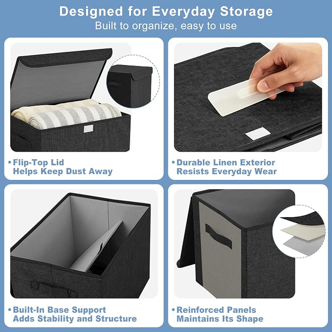Bagnizer Large 22 Quart Linen Fabric Foldable Storage Bin Cube Organizer Basket with Flip-Top Lid & Handles, Clothes Blanket Box for Home, Office, Closet, Black, 4 Pack 14.6 x 9.5 x 9.5”