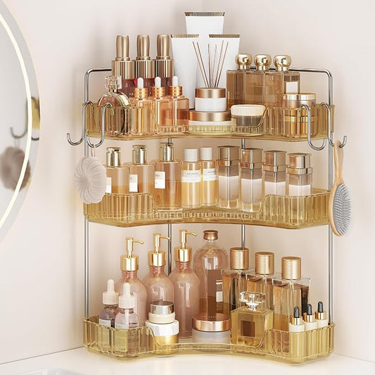 3 Tiers Bathroom Corner Organizer,Bathroom & Kitchen Storage Tray | Storage Countertop with Hooks Skin Care Exquisite Vanity Organizer Countertop Bathroom Storage Dresser, Kitchen-Gold