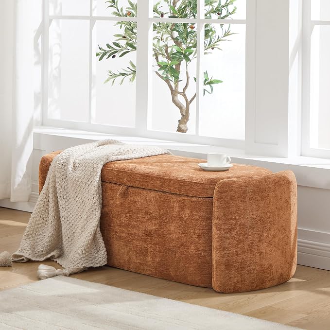 Oval Storage Ottoman Bench, 45" Upholstered Chenille End of Bed Storage Bench, Foot Rest Ottoman with Storage, Bedroom Living Room and Hallway,Orange