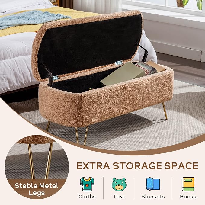 Modern Storage Ottoman Bench, Vintage Boucle Upholstered Entryway Bench, End of Bed Bench with Gold Legs, Padded Bench with Storage for Living Room, Bedroom, Entryway (Camel)