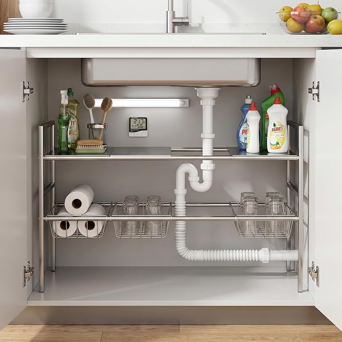 Under-Sink Organizer 2-Tier Expandable Cabinet Storage (4 panels 4 baskets) | LED Motion-Sensing Auxiliary Lighting Dial Thermometer Stainless Steel Telescopic & Adjustable Rust-Resistant