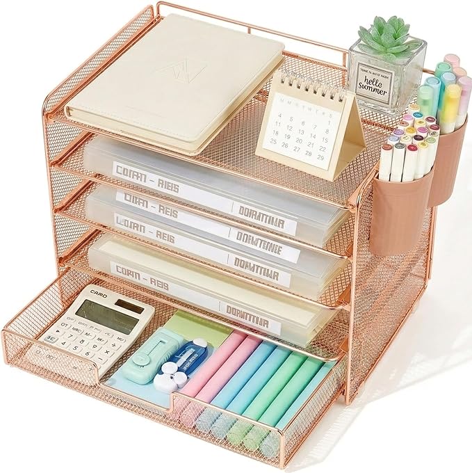 LEKETREE Desk Organizer and Accessories, 5-Tier Paper Letter Tray Organizer with Drawer & 2 Pen Holders for Desktop File Organization, Office Desk Accessories for Supplies Storage (Rose Gold)