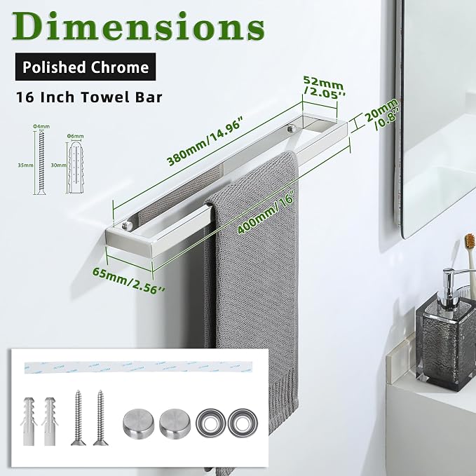 Alise 16 Inch Hand Towel Holder Towel Bar for Bathroom Wall Mounted,Chrome | Towel Rack for Bathroom Lavatory,SUS304 Stainless Steel Towel Rail for Bath Kitchen,Self-adhesive or Drilling Mount
