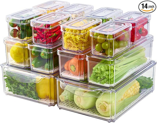 JollyPack Fridge Organizers, Refrigerator Organizer Bins with Lids, 14 Pack | BPA Free, Stackable Fruit Storage Containers, Great for Fridge, Vegetables, Food and Drinks