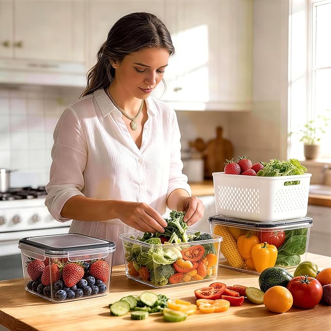 5 Pack Fruit Storage Containers for Fridge, Plastic Fruit Containers Set | with Removable Colanders, Leakproof Fridge Organizers and Storage for Berry Vegetables Salad Lettuce Meat, Dishwasher Safe