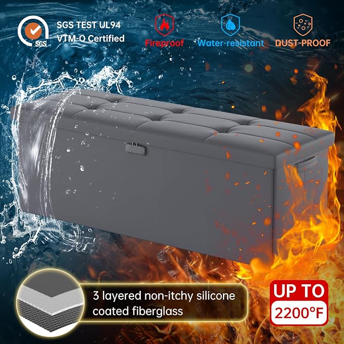 DocSafe Storage Ottoman Bench, Fireproof＆Waterproof Folding Bench with Lock(15”x 43”x15”), Leather Storage Chest with Handles＆2 Extra Boxes, Ottoman Safe for Bedroom,Living Room,Home Office, Gray
