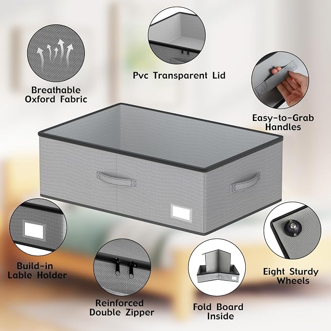 EE-RoomWorld Under Bed Storage with Wheels, No Assemble Required 12 inches height Under Bed Storage bins,Large capacity Rolling Underbed Shoe Storage containers，dorm underbed storage drawers