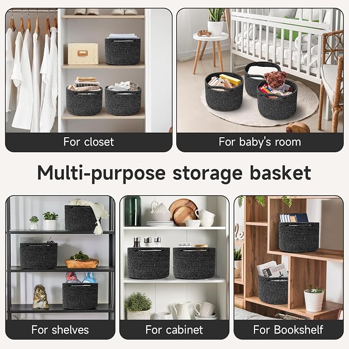 3 Pack Small Rope Storage Baskets, 9.82×9.82×7.1", Black | Cotton Basket for Gifts Empty, Cute Round Woven Basket, Decorative Shelf Basket Organizer, Organizing Basket for Shelves