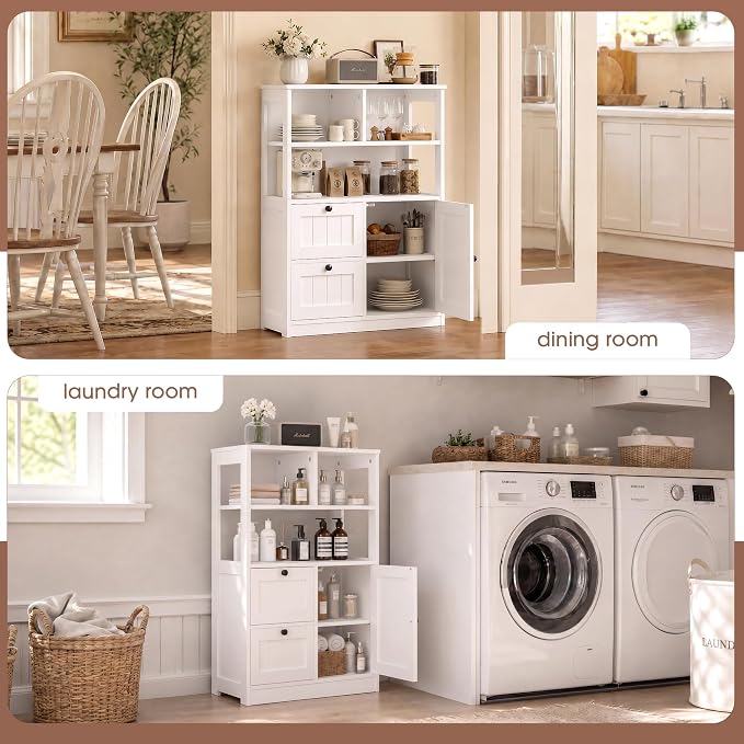 GRUSIGN Bathroom Storage Cabinet with Door and Drawers, Small Freestanding Bathroom Cabinet Organizer, Farmhouse Wooden Cupboard with Adjustable Shelves for Kitchen, Living Room, White