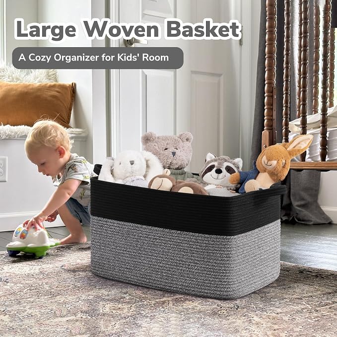 Goodpick Large Woven Blanket Basket, Rectangle Toy Organizer, Black & Gray | 21.6 x 14.9 x 11.8 in, Reinforced Handles, Toys, Blankets & Nursery Essentials Storage, Living Room & Bedroom Organization