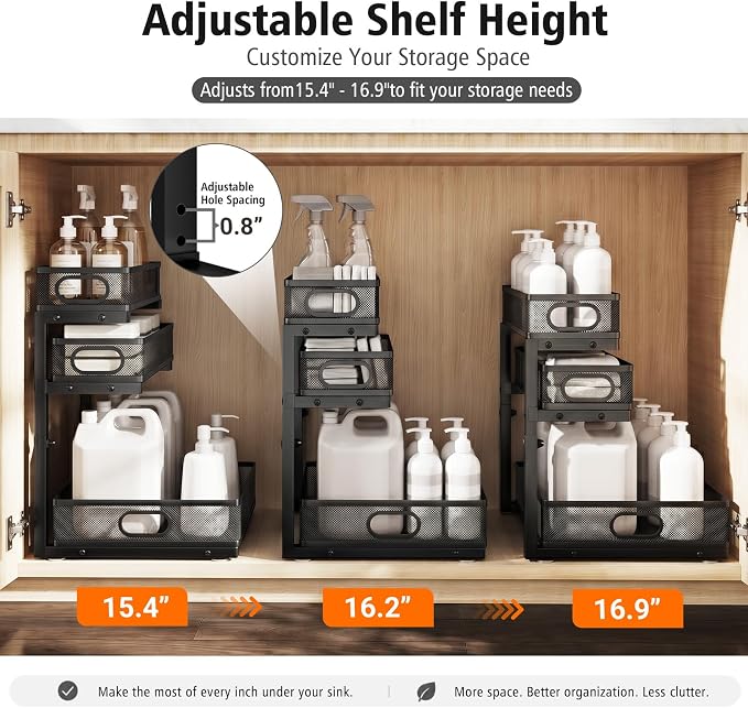 Under Sink Organizer, 3 Tier Pull Out Cabinet Organizer with 5 Adjustable Heights, Metal Under Sink Storage with Sliding Drawers for Kitchen, Bathroom, Pantry and Laundry Room, 2-Pack Black