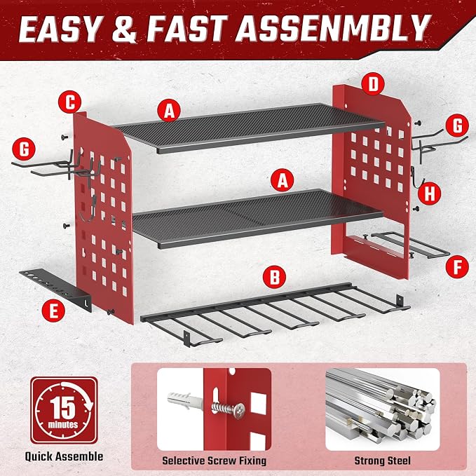 SUNALLY Power Tool Organizer, Wall Mount Garage Tools Storage Rack, Red | Metal Tool Storage Rack with 4 Drill Holders, Heavy Duty Power Tool Shelf for Garage,Warehouse,Workshop, Gift for Men,Husband