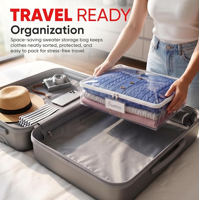 Masirs Clear Sweater Storage Bags 2-Pack – Zippered Vinyl Organizers with Label Pocket, Durable Dustproof Clothing Storage for Sweaters, Blankets, Linens, Underbed & Closet Use