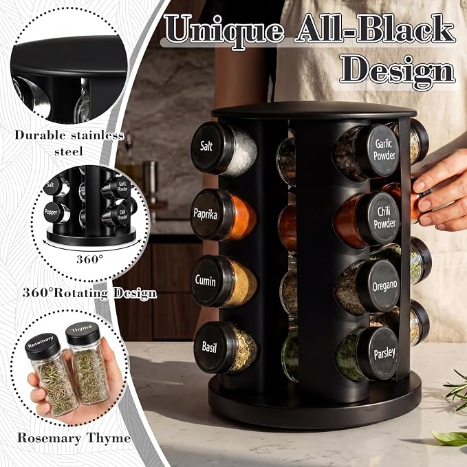 Yungyan Black Rotating Spice Rack Seasoning Organizer with 16 Empty Jars, Spice Containers Set with Labels and Funnel, Revolving Seasoning Rack for Kitchen Accessories