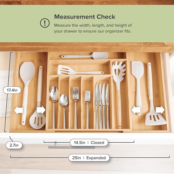 KitchenEdge Silverware & Utensil Drawer Organizer, 14-25 in, Bamboo | Cutlery, flatware, food-safe contract grade, kitchen drawer fit