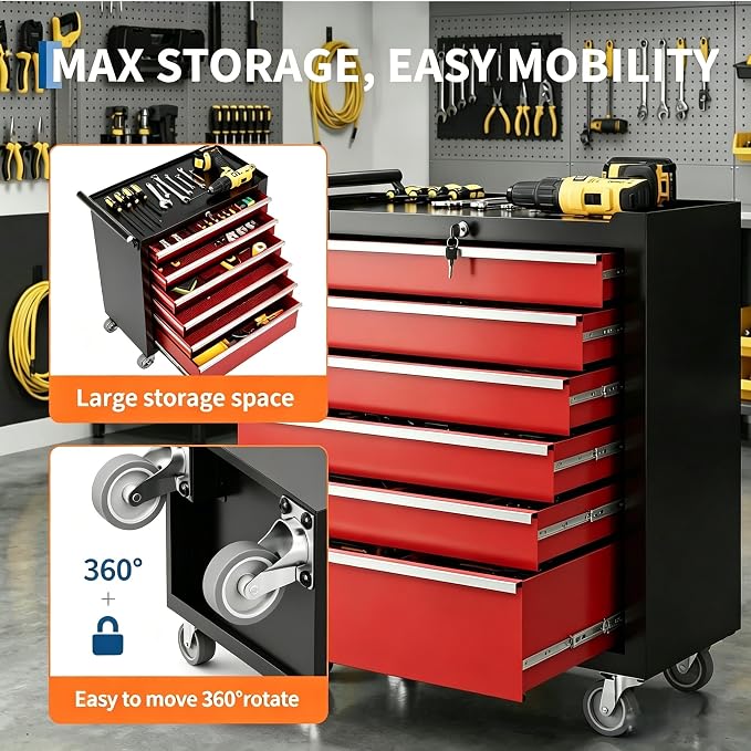 Garvee Rolling Tool Chest, 6 Drawers Tool Storage Cabinet, Toolbox with Wheels, Portable Tool Cabinet Organizer with Locking System & Drawer Liners, Tool Storage Cart for Garage, Workshop, Black＆Red