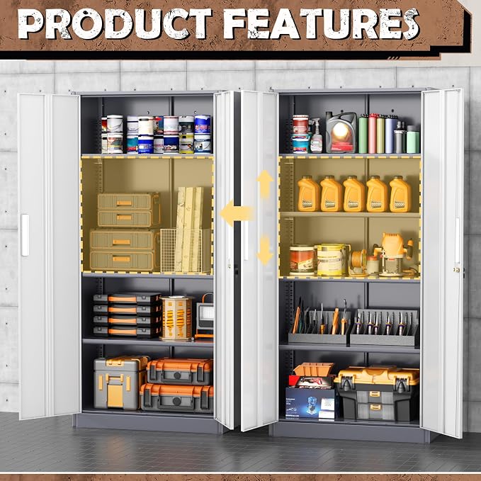 INTERGREAT Metal Storage Cabinet, 72” H Storage Cabinet with Doors and Adjustable Shelves for Office, Home, Garage, Pantry (Assembly Required, Grey White)
