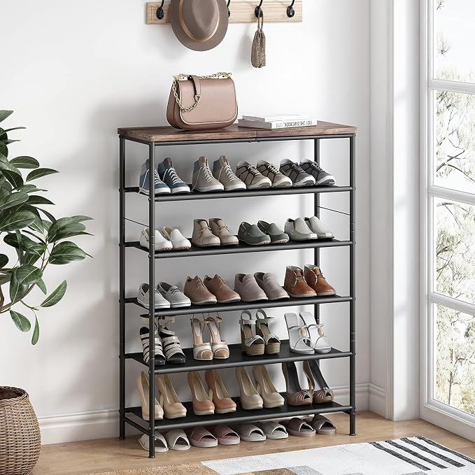 INGIORDAR 6 Tier Shoe Rack Storage Organizer Shelf Top with MDF Board | Space-Saving,with 3 Layer Fabric,stores 24+Pairs of Shoes for Closet,Entryway,Bedroom,Living Room Garage,Black+Rustic Brown