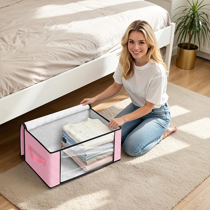 Fab totes 35L Closet Organizers and Storage, Foldable Under Bed Storage Containers, Storage bags for Organizing Bedroom, Closet, Clothing,Organization with Handle (3 Pack,Pink)