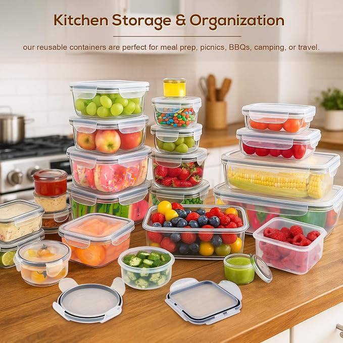 50PCS Thick Food Storage Containers with Airtight Lids for Meal Prep | BPA-Free Plastic Food Container Set for Leftovers, Snacks, Lunch, Fruit, Freezer Storage & Kitchen Organization, Leakproof
