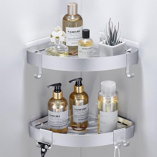 DUFU Adhesive Corner Shower Caddy with Hooks, Silver, 2 Pack | Bathroom Shower Organizer, No Drilling, Rust Proof Aluminum Shower Shelf For Inside Shower