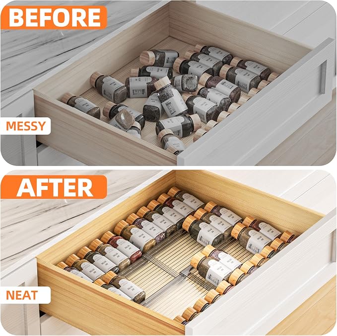 MUDEELA Clear Spice Drawer Organizer, 4 Tier- 2 Set (8 Packs) Spice Rack for Drawer, Expandable From 11" to 22" Kitchen Seasoning Organizers and Storage for Drawer (Jars not included)