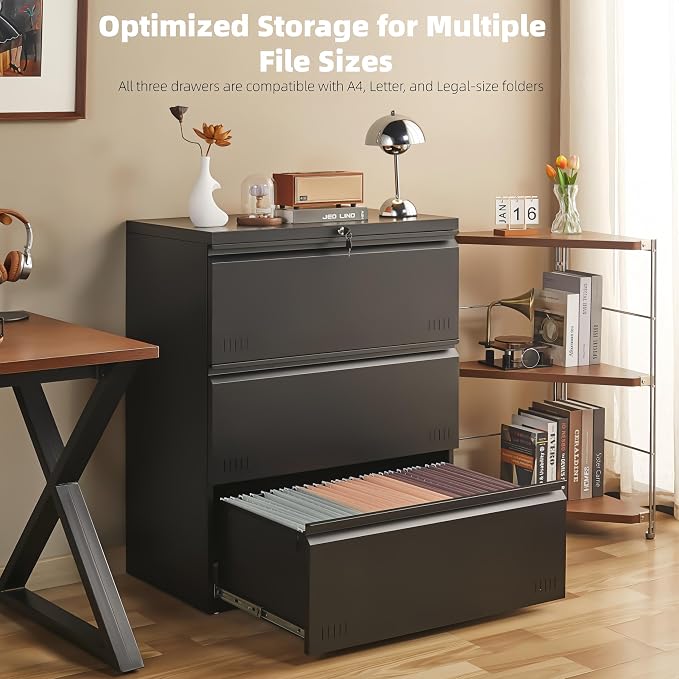 Guizeeopo Metal File Cabinet with Lock, 3 Drawer Lateral File Cabinets for Home Office, Heavy Duty Office Storage Cabinet for A4/Letter/Legal Size, Assembly Required(Black)