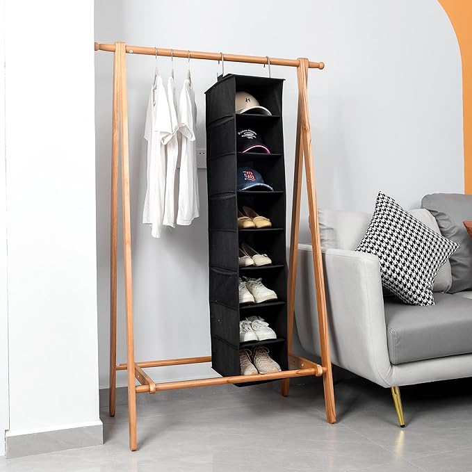 Berdeng Hanging Shoe Organizer for Closet with Side Mesh Pockets，Hat Racks for Baseball Caps，Shoe and Hat Holder & Storage，8-Shelf，Black，2 Pack
