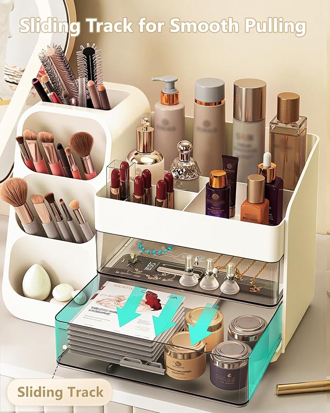 Anylady Large Capacity Makeup Organizer Countertop with Makeup Brush Holder for Vanity, Thickened Material, Bathroom Countertop Organizer Skin Care Perfumes Storage, Teen Girl Gifts for 13-25 Year