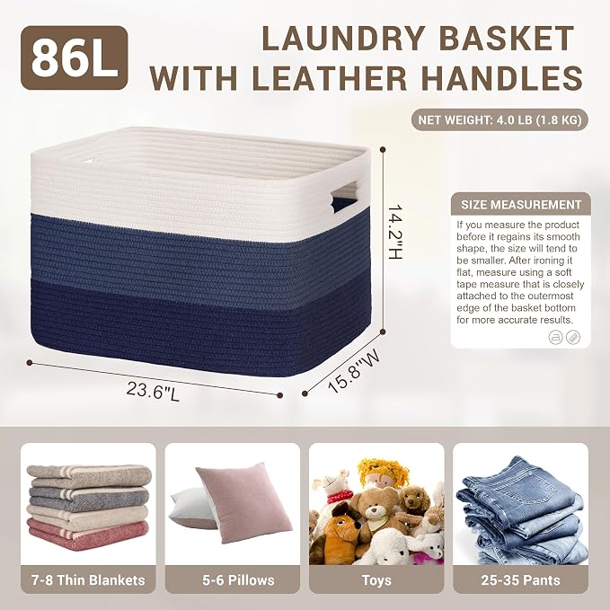 86L Large Woven Laundry Basket Hamper with Handles, Gradient Blue | collapsible wicker hamper, storage for dirty clothes, toys, blankets, gifts, living room, bedroom, bathroom, 24"x16"x14"