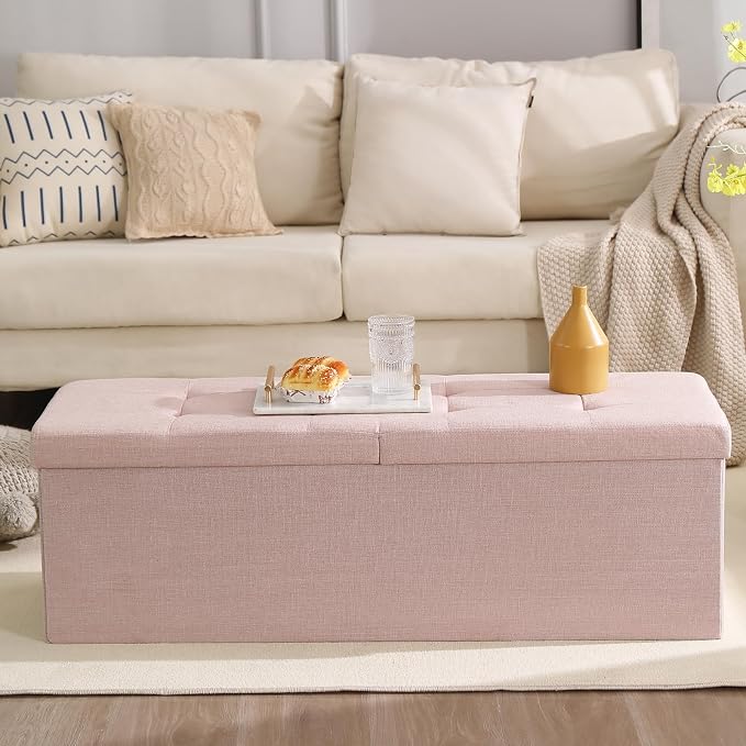 45.3 Inches Storage Ottoman Bench Foldable Seat Footrest Shoe Bench End of Bed Storage with Flipping Lid, 166L Storage Space, Linen Fabric Pink