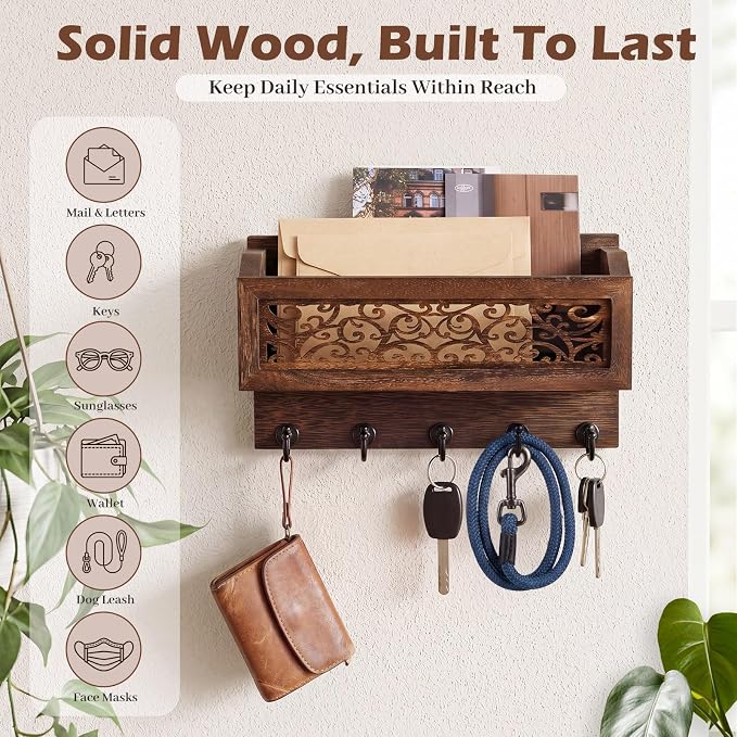 Novabright Mail and Key Holder for Wall Decorative Wall-Mounted Carved Wooden Mail Organizer with 5 Sturdy Key Hooks Rustic Home Decor for Entryway Hallway Office Farmhouse