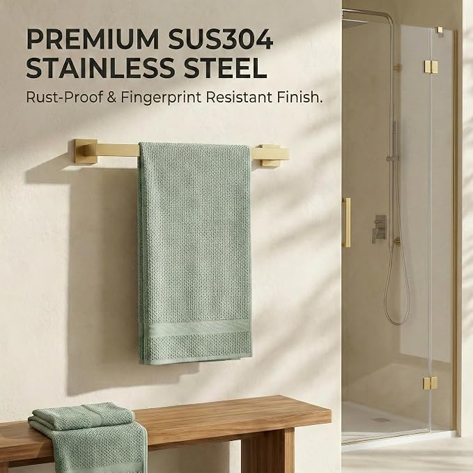 5-Piece Bathroom Hardware Set, 23.6 in Towel Bar, Brushed Gold | 304 stainless steel, towel ring, toilet paper holder, 2 robe hooks, wall-mounted, installation hardware included