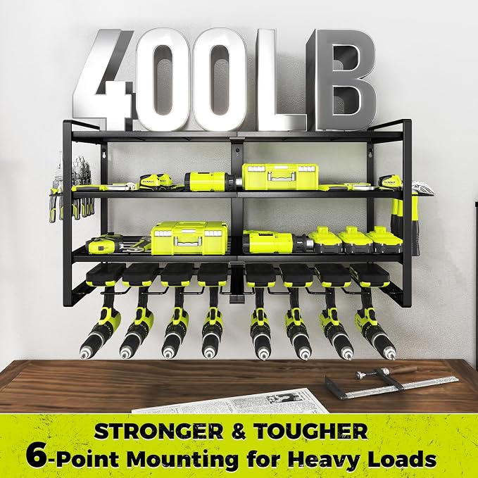 Power Tool Organizer-8 Drill Holder Wall Mount,4 Layer Heavy Duty Metal Power Tool Storage Rack,Garage Tool Organizer and Storage with Screwdriver Holder/Plier Holder/Hammer Holder