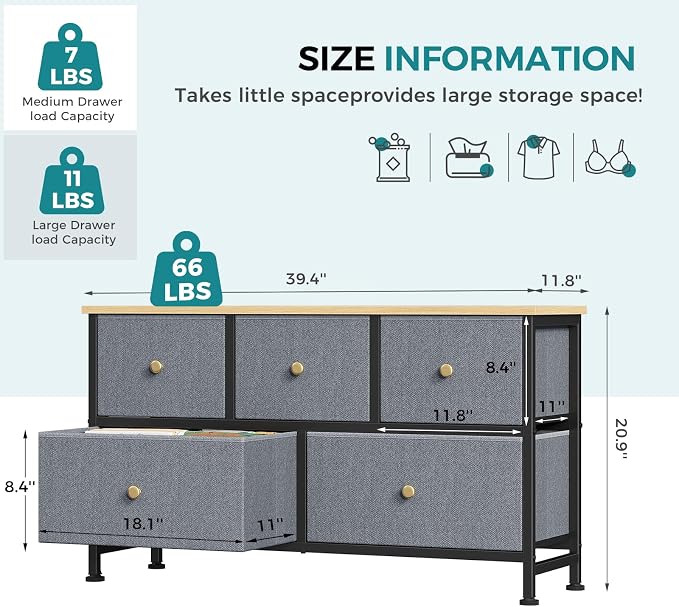 OLIXIS 5 Drawer Dresser for Bedroom, Storage Organizer Unit for Closet | Chest of Drawers for Clothes Storage with Bins, Wide Fabric Bedroom Dresser, Wooden Top, Living Room, Gray Blue