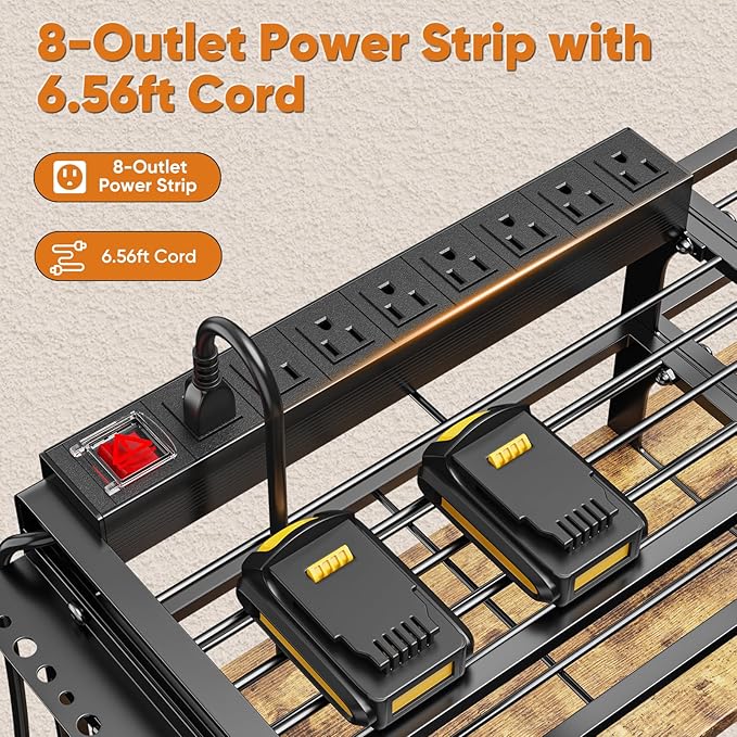 POKIPO Large Power Tool Organizer Wall Mount with 8-Outlet Charging Station, 600lbs Capacity Garage Storage Rack for 8 Cordless Drills Holder, Heavy Duty Metal 4-Layer Battery Utility Rack