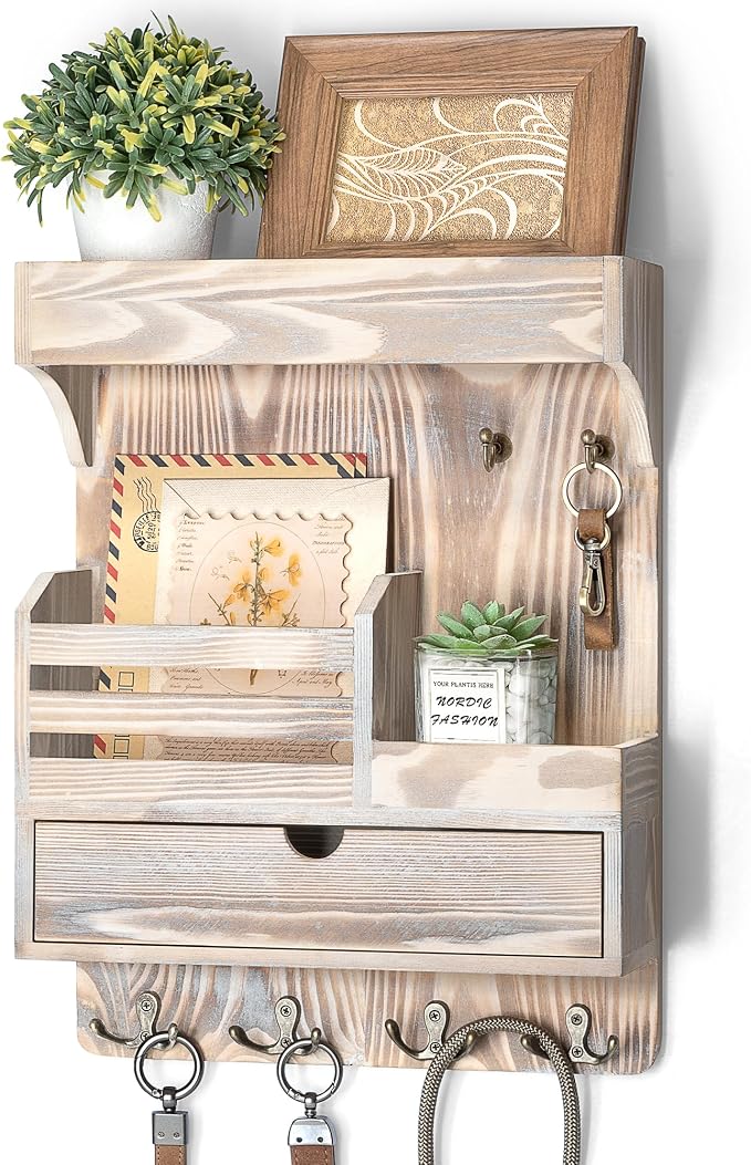Rebee Vision Key Holder Wall Mount with Drawer for Entryway, Natural Wood | Key Holder for Wall, 6 Key Hooks, Wall Shelf, Drawer Organizer, Mail Sorter, Key Hanger Home Decor, Decorative Home Storage