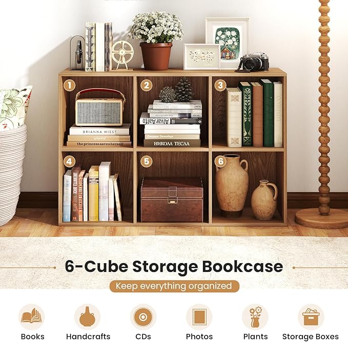 Giantex 6-Cube Bookcase, 3-Tier Cubby Bookshelf, Horizontal Vertical Display Rack with Anti-Tipping Kits, Modern Storage Organizer Shelf Unit for Bedroom, Living Room, Study Room, Natural | Horizontal Vertical Display Rack with Anti-Tipping Kits, Moder...