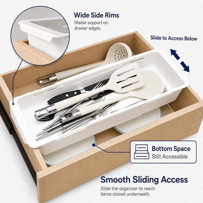 3-Pack Expandable Drawer Organizer for Deep Drawers, Adjustable 17–27 in Storage Tray, Durable PP Smooth Glide Divider for Kitchen, Vanity & Office, Space-Saving Design