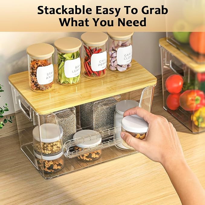 Delamu 4 Pack Pantry Organizers and Storage,Trash Bag Dispenser with Bamboo Top,Stackable Trash Bag Dispenser Under Sink Organizer for 4-30 GalBags,Onion,Potato,Fruits,Clear