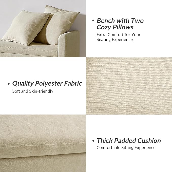 HULALA HOME 59" Storage Bench with 2 Throw Pillows & Armrests, Beige | Modern Long Bedroom Bench for End of Bed, Comfy Upholstered Fabric Footstool for Entryway Living Room