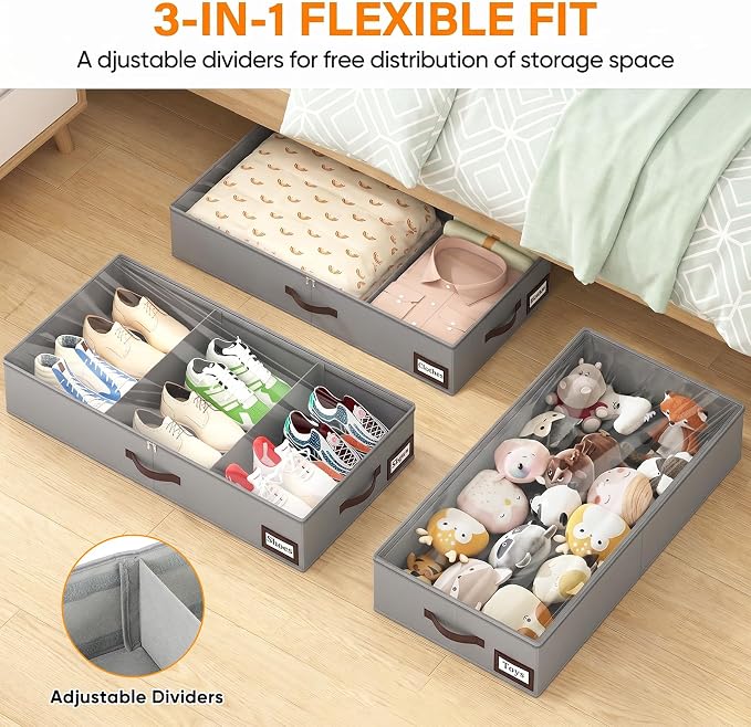 OIAHOMY 2 Pack 53L Under Bed Storage with Adjustable Dividers, 6" Low Profile Underbed Storage Bins for Comforters & Clothes, Save Closet Space with Clear View Lid & Reinforced Handles, Black
