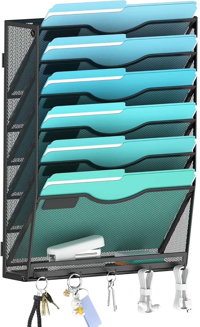 Gawerk 7-Tier Wall File Organizer Hanging Wall File Holder Wall Mount Paper Folder Organize, Mesh Magazine Document Mail Organizer for Office School Home, Black