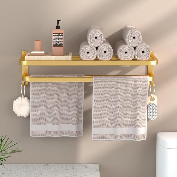 23 Inch Gold Bathroom Towel Rack Towel Shelf with Double Towel Bars Lavatory Wall Mount Holder with Hooks Golden Stainless Steel Hotel Bath Rack
