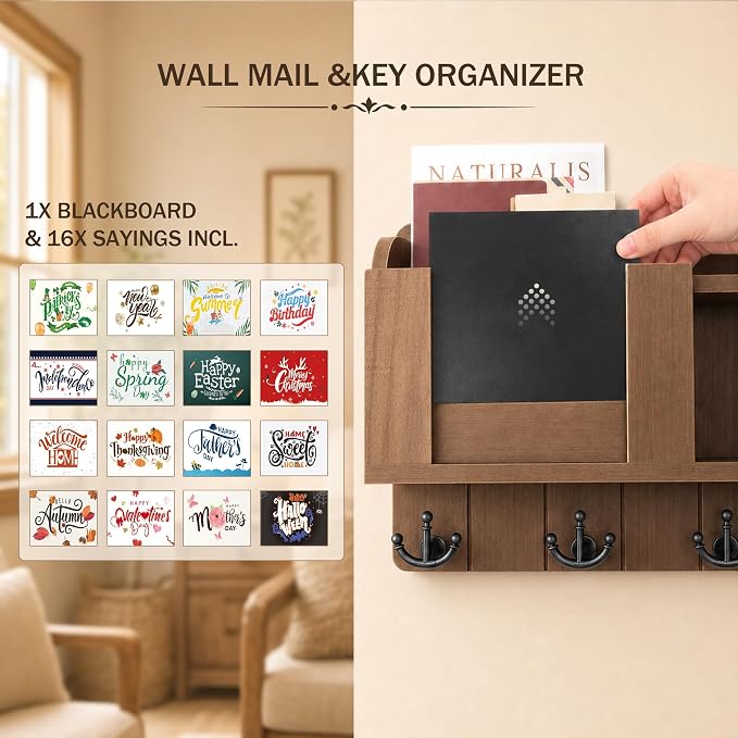 Rebee Vision Key Holder Wall Mount with Chalkboard for Home Decor, Brown | Key Holder for Wall, 4 Key Hooks, Floating Shelf, Mail Organizer, Key Hanger, Mail Organizer, Practical Everyday Organization