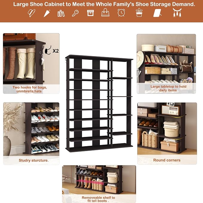 HOMEFORT 10 Tiers Shoe Rack, 50 Pairs Large Shoe Shelf, 61.8" Tall Shoe Tower, Freestanding Shoe Rack Organizer with Open Shelves, Wood Shoe Stand for Boot Storage, for Closet, Entryway, Espresso